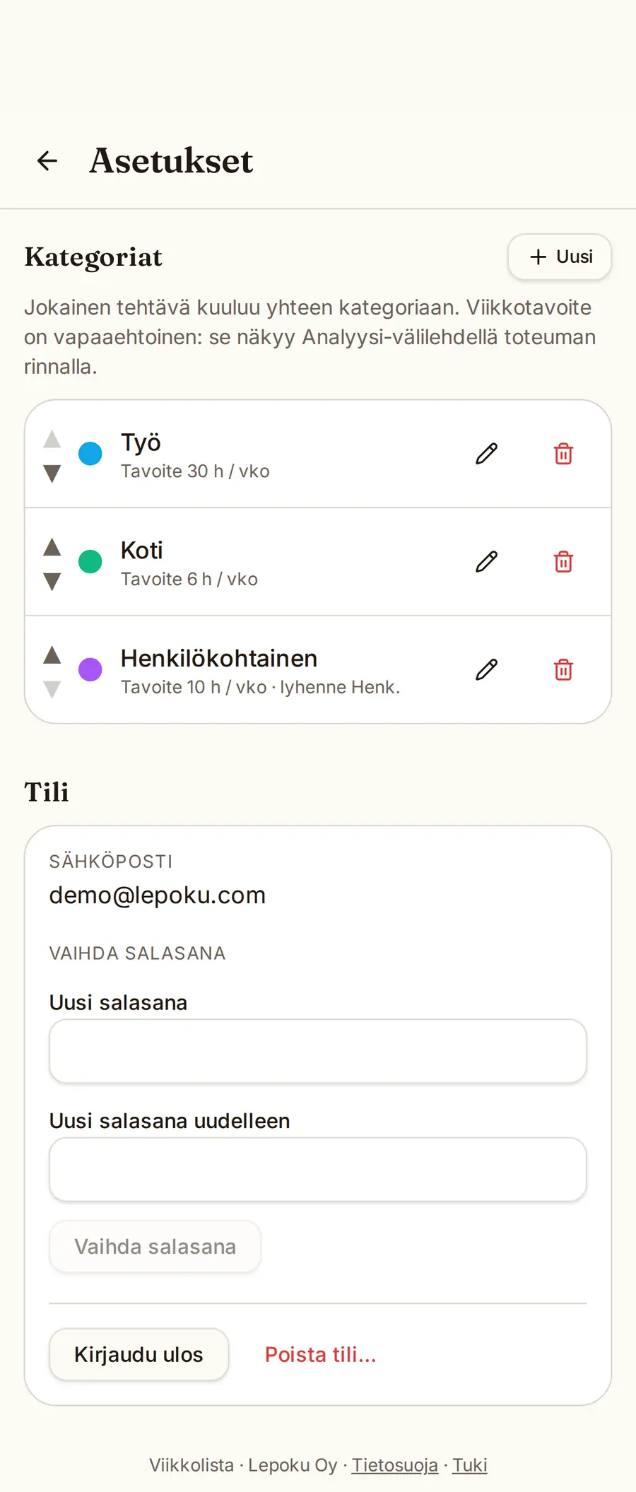Kategoriat ja asetukset